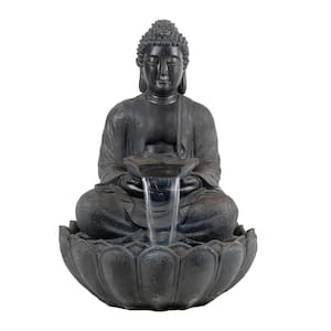 34" Brown Polyresin Buddha Fountain with Light Water Feature for Garden & Patio