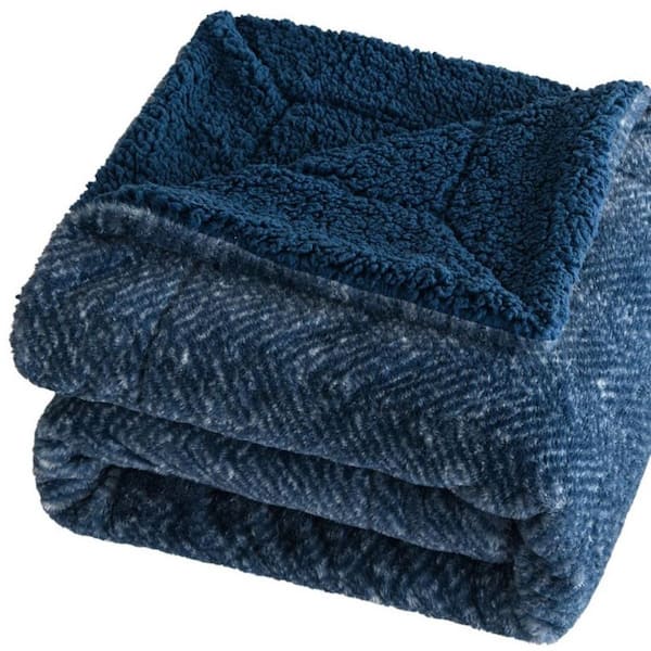 Oxford Blue Chevron & Herringbone Faux Fur Throw Blanket