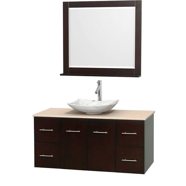 Wyndham Collection Centra 48 in. Vanity in Espresso with Marble Vanity Top in Ivory, Carrara White Marble Sink and 36 in. Mirror