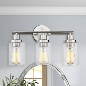 16.5 in. 3-Light Brushed Nickel Bathroom Vanity Light with Clear Shade For Bathroom