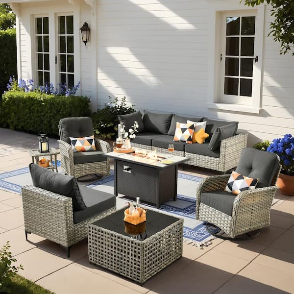 Holston 9-Piece Wicker Modern Outdoor Patio Metal Fire Pit Conversation Sofa Set with Swivel Chairs and Black Cushions