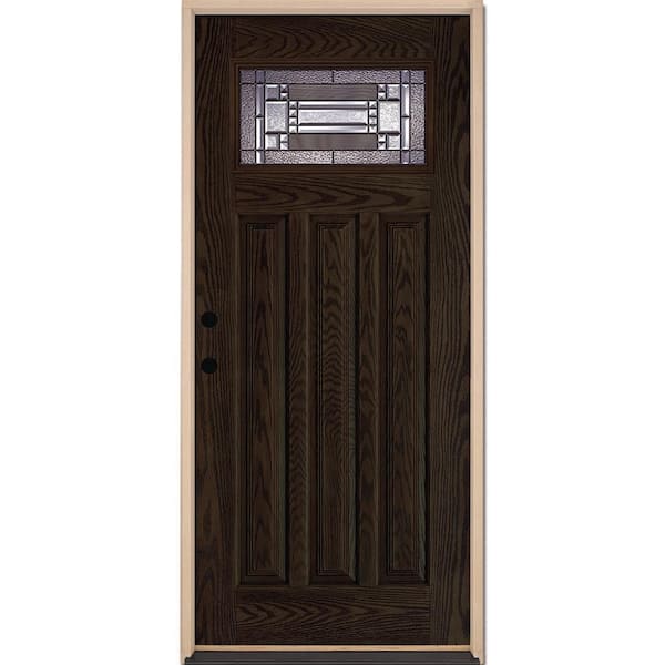 Feather River Doors 37.5 in. x 81.625 in. Preston Patina Craftsman 1/4 Lite Stained Walnut Oak RH Inswing Fiberglass Prehung Front Door