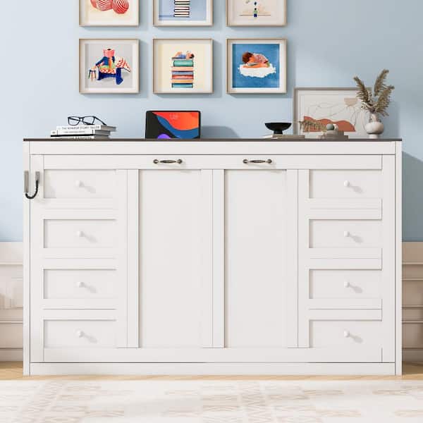 White Wood Frame Twin Murphy Bed with LED Light