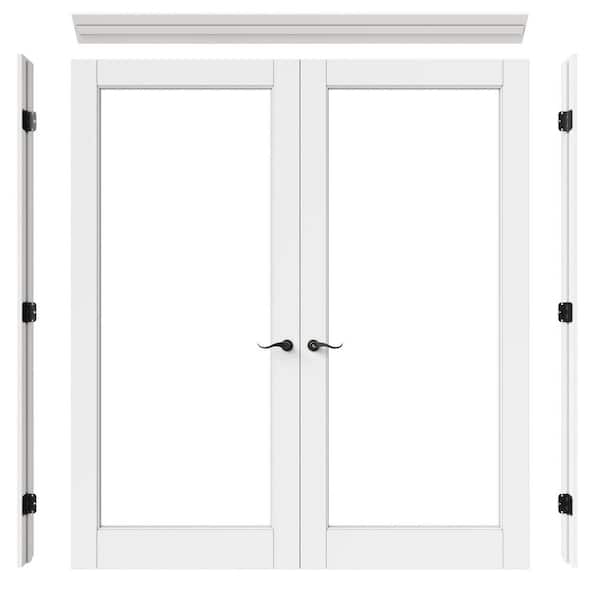 72 in. x 80 in. 1-Lite Clear Glass Universal White Solid Core Glass Double Prehung French Door Plus Quick Assemble Jamb