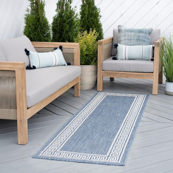 Eco Greek Key Blue 3 ft. x 10 ft. Indoor/Outdoor Runner Rug