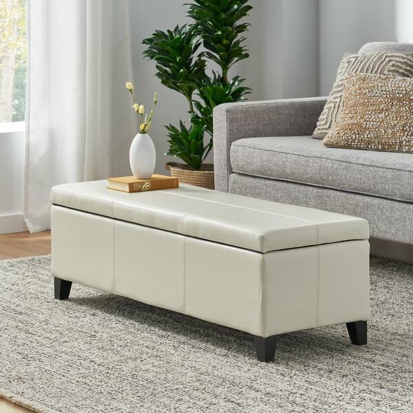 Noble House Glouster Ivory Faux Leather, Long Leather Storage Bench