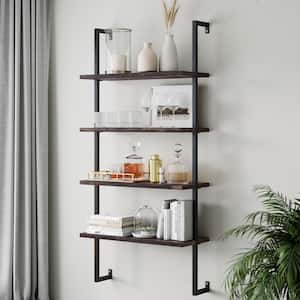 Theo Nutmeg Brown 4-Shelf Wood 64 in. Black Pipe Metal Frame Floating Wall Mount Shelves Bookcase
