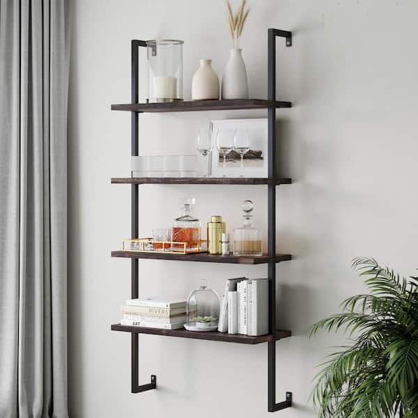 Nathan James Theo Nutmeg Brown 4-Shelf Wood 64 in. Black Pipe Metal Frame Floating Wall Mount Shelves Bookcase