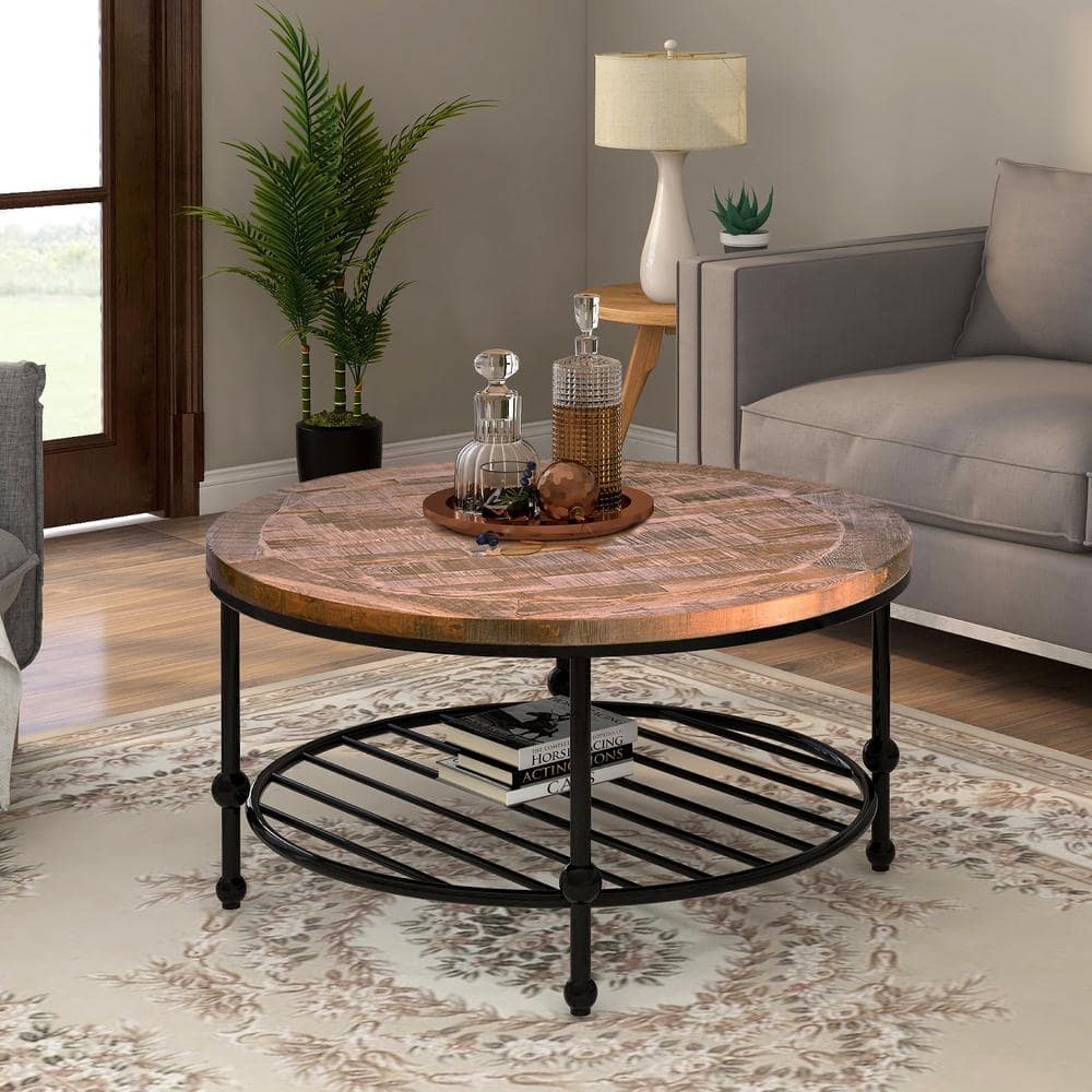 URTR 35.04 in. W Natural Light Brown Small Round Wood Coffee Table with Metal Frame for Living Room, Office, Bedroom