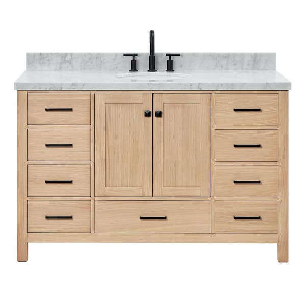 Cambridge 54 in. Single Sink Freestanding Bathroom Vanity in Oak with Carrara White Marble Top