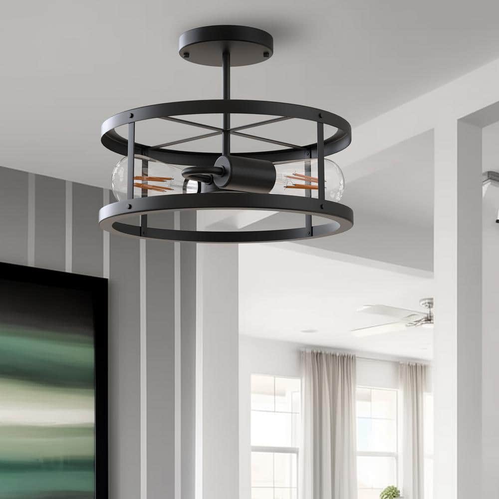 Matte Black 13" Metal Drum Flush Mount Ceiling Light