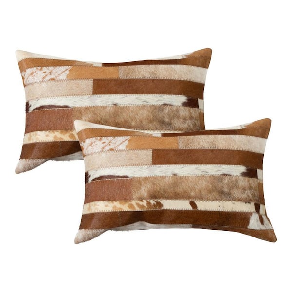 HomeRoots Brown, White Plaid Polyester 12 in. x 20 in. Throw Pillow Set of 2
