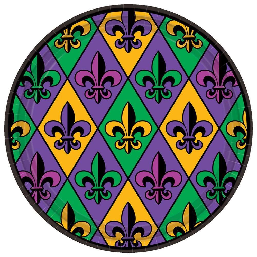 UPC 013051784010 product image for Amscan Fleur De Lis 7 in. x 7 in. Paper Mardi Gras Plates (3-Pack, 18-Count), Mu | upcitemdb.com