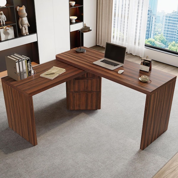 ローステッド　デスク90 Polibi 90 in. L Shaped Walnut color MDF Wood 360° Wood Rotating