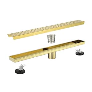 Ami 24 in. Linear Shower Drain With Grid Design Square Pattern Drain Cover In Brushed Gold