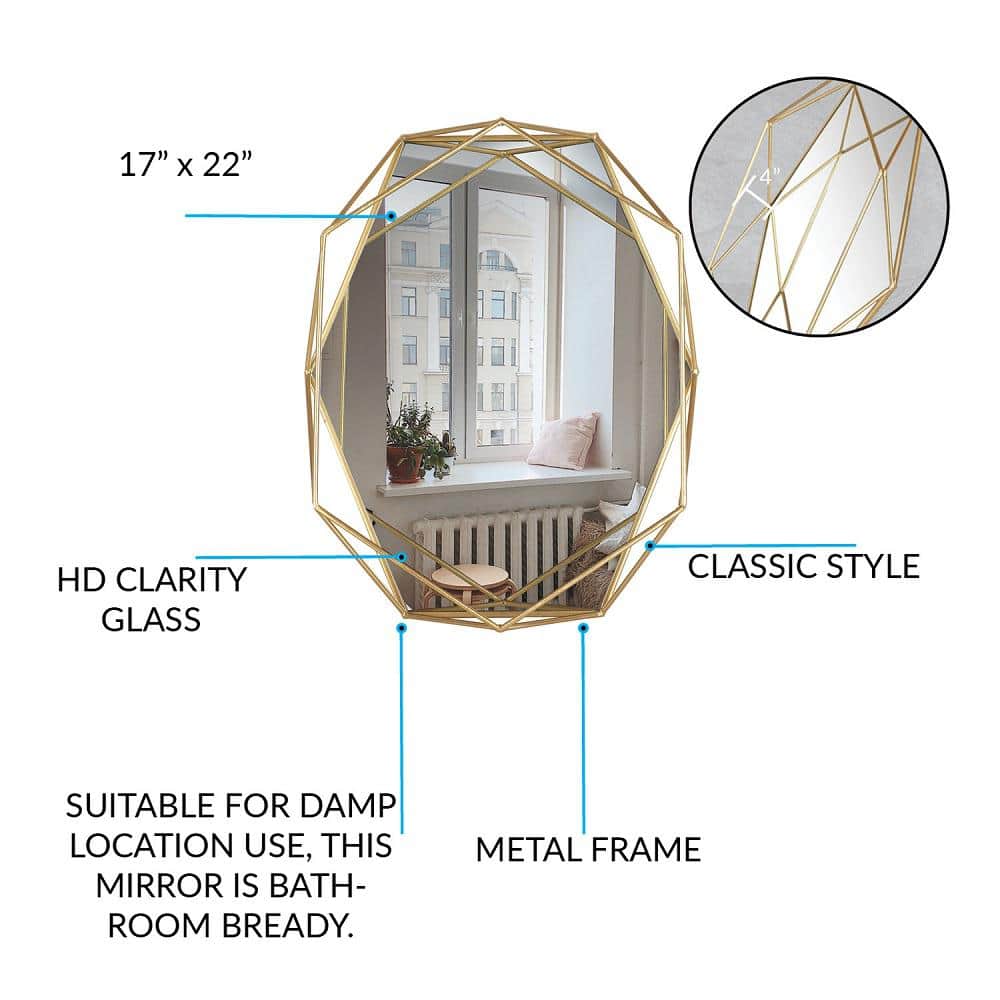 Geometric Gold Metal Frame Oval Wall Mirror, 22x17