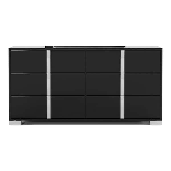 Mesala Piano Black 6-Drawer 61 in. Dresser with Chrome Accents and Legs, Vertical Chrome Handles