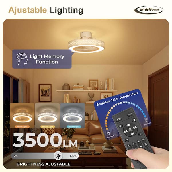 20 in. Indoor White Low Profile Enclosed Caged Standard Flush Mount Ceiling Fan Light with Integrated LED with Remote