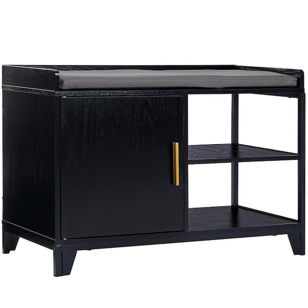 VECELO Black Entryway Bench Shoe Storage Cabinet with Removable Seat Cushion Ottoman