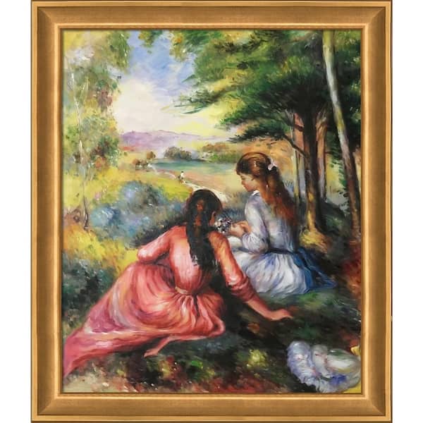 LA PASTICHE In The Meadow (Picking Flowers) by Pierre-Auguste Renoir Muted Gold Glow Framed People Art Print 24 in. x 28 in.