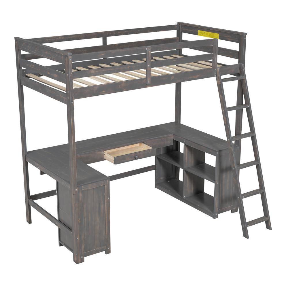 Antique Brown Twin Size Adjustable Platform Bed with U-Shaped Desk and Storage Shelves