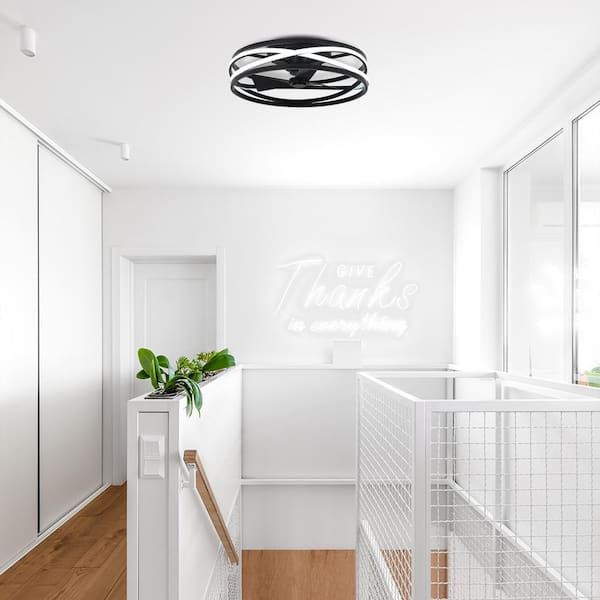 12.6 in. Indoor Integrated LED Flush Mount Black Caged Bladeless Ceiling Fan with Reversible Motor and Remote Control