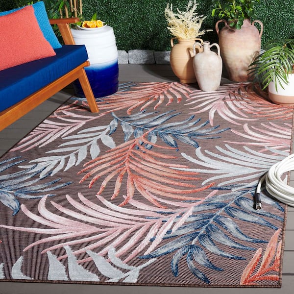 Cabana Brown/Blue 5 ft. x 8 ft. High-Low Abstract Leaf Indoor/Outdoor Area Rug