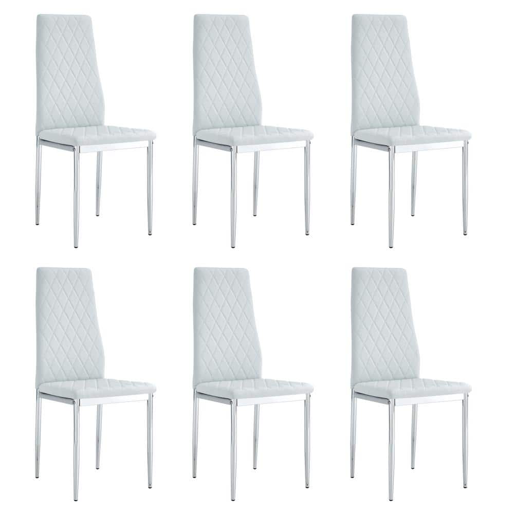 Light Gray PU Leather Checkered Armless High Back Dining Chair with Metal L
