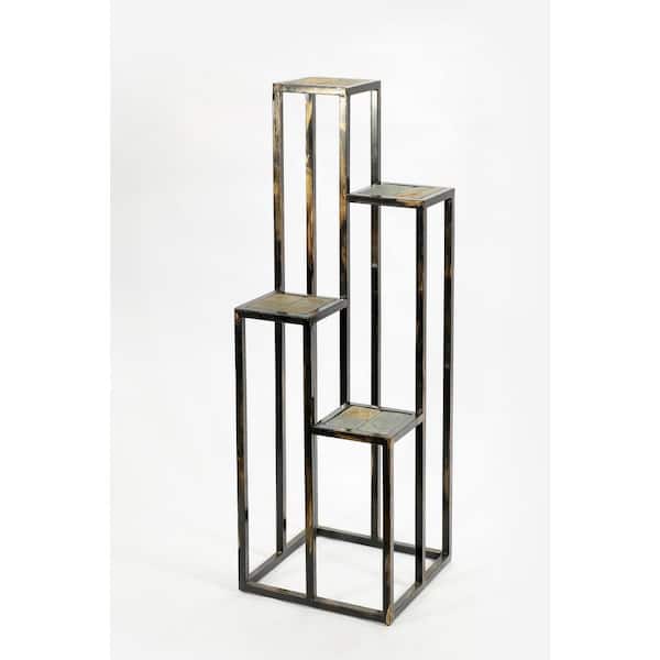 ORE International 47.25 in. 4-Tier Gray Stone Slab Black/Gold Square Cast Metal Indoor Plant Stand