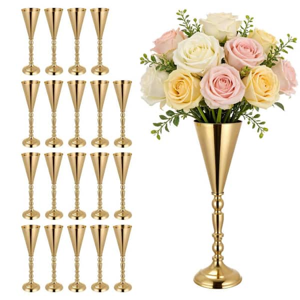Wedding Flower Vase, 16.9 in. Tall Trumpet Table Centerpieces, Easy-to-Assemble Electroplated Stands, Gold, 20 PCS