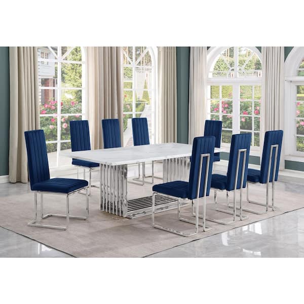Best Quality Furniture Lisa 9-Piece Rectangle White Marble Top Stainless Steel Base Dining Set With 8-Navy Blue Velvet Chrome Iron Leg Chairs