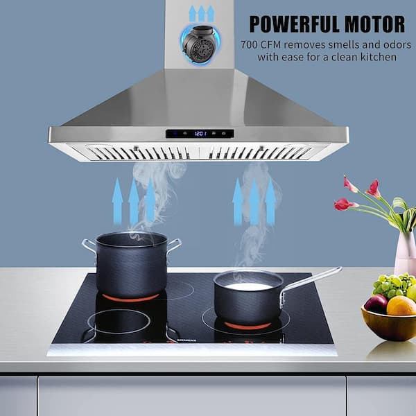 Tieasy Island Range Hood 36 inch 700 CFM Ceiling Mount Kitchen Stove Hood Ducted with Tempered Glass 4 LED Lights Touch Control 3 Speed