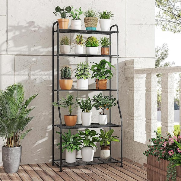 27.5 x 8.5 x 64 in Indoor/Outdoor Black Metal Plant Stand 5-Tier