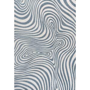 Maribo High-Low Abstract Groovy Striped Dark Blue/Cream 3 ft. x 5 ft. Indoor/Outdoor Area Rug