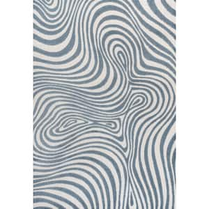 Maribo High-Low Abstract Groovy Striped Dark Blue/Cream 5 ft. x 8 ft. Indoor/Outdoor Area Rug