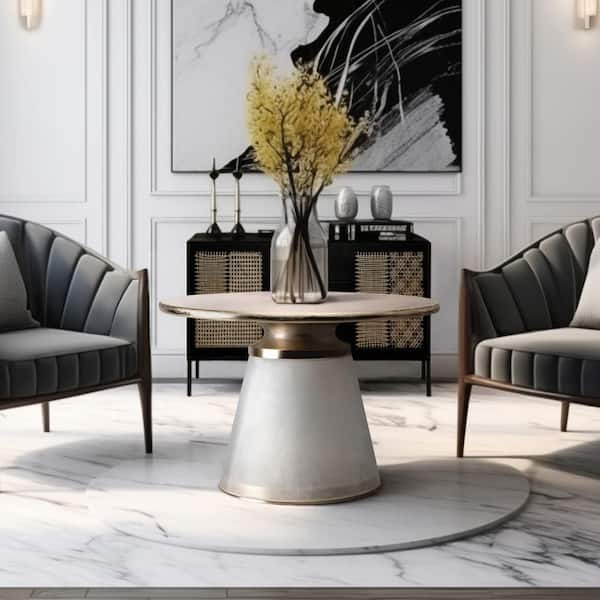 Clear/Frost 24 in. Round Metal Top and Glass Coffee Table with Pedestal Base