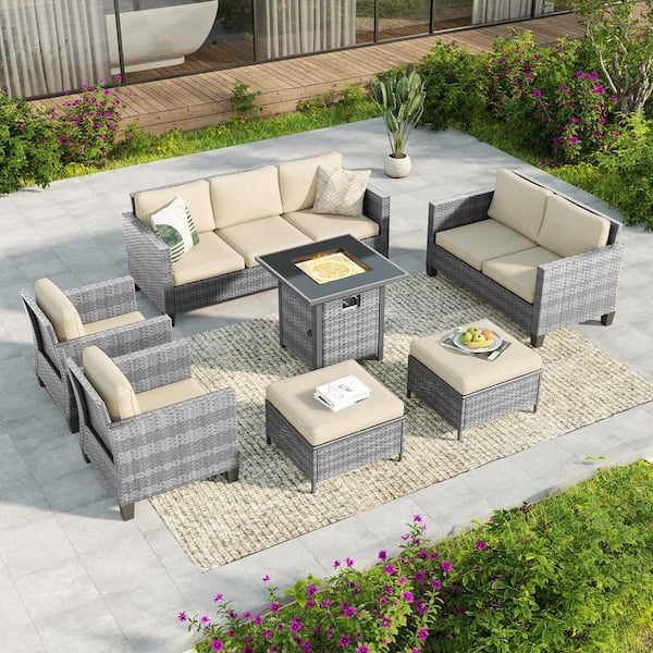 7-Piecess Patio Conversation Set with Square Fire Pit Table and Loveseat, Gray Wicker with Beige Cushions
