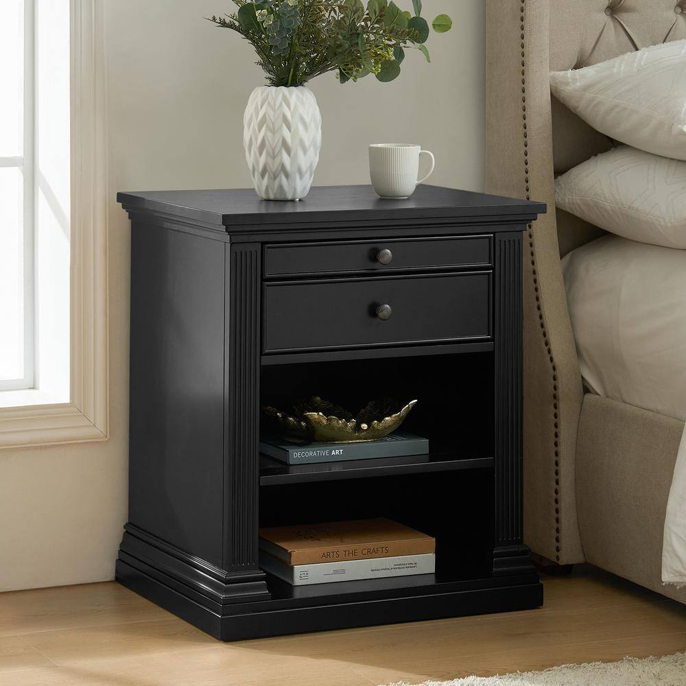 Verdad Black 2-Drawer 24 in. Wide Nightstand with Adjustable Shelves and Charging Stations