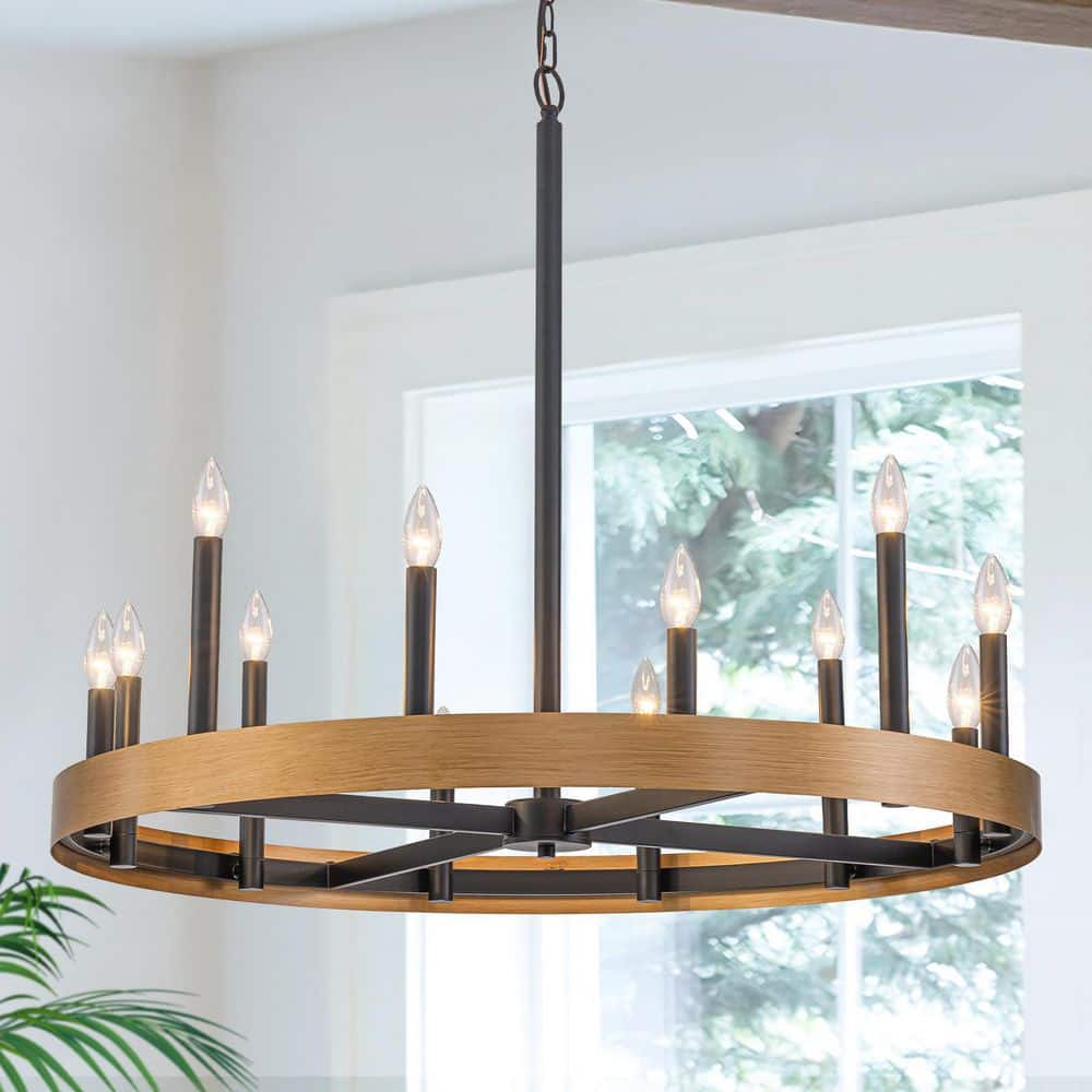 35.43 in. 12-Light Black and Gold Metal Ring Chandelier, Industrial Farmhouse Candle Style Pendant Light price history on PriceWatchPro
