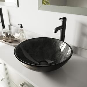 Glass Round Vessel Bathroom Sink in Onyx Gray with Seville Faucet and Pop-Up Drain in Matte Black