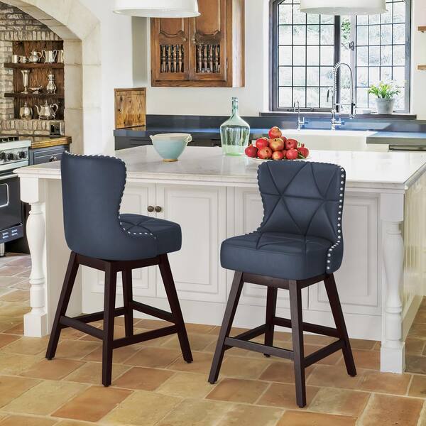 Zola 26 in. Navy Blue Wood Frame Counter Bar Stool Faux Leather Upholstered Swivel Bar Stool (Set of 2)