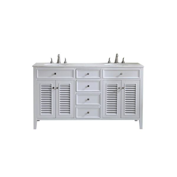 Bellaire 60 In Double Bathroom Vanity W 5 Drawers 2 Shelves 4 Doors Marble Top Porcelain Sink White Hdvnt 2084 The Home Depot