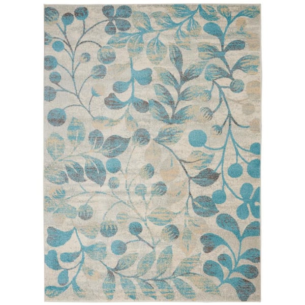 Nourison Tranquil Ivory/Turquoise 5 ft. x 7 ft. Floral Modern Area Rug
