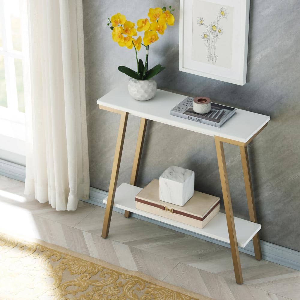 White Wood and Gold Metal Console Table with Storage