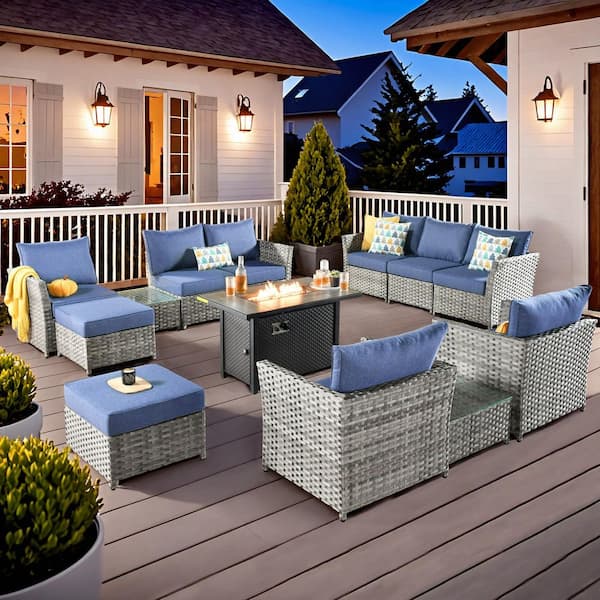 XIZZI Bella 13-Piece Wicker Patio Rectangle Fire Pit Conversation Set with Denim Blue Cushions