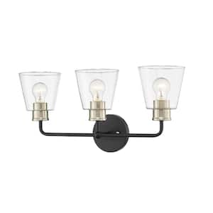 Cameron 23 in. 3-Light Matte Black Modern Gold Vanity Light with Clear Glass