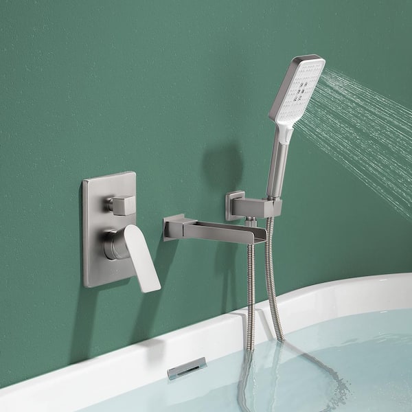 Single-Handle Wall Mount Waterfall Roman Tub Faucet with Hand Shower in. Brushed Nickel