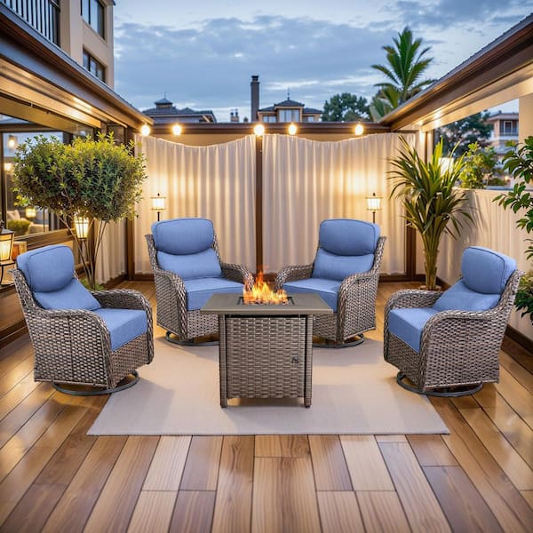 MoonLuxe Brown Wicker Fire Pit Conversation Set with Blue Olefin 6 in. Thick Cushions Patio Swivel Chairs (5-Piece)