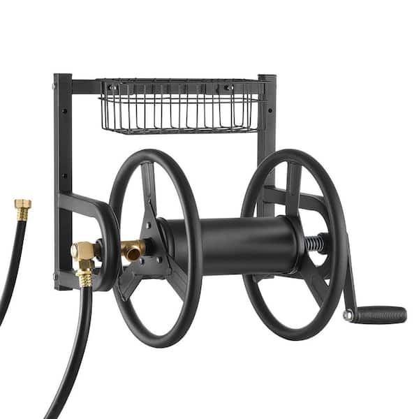 Heavy-Duty Steel Wall Mounted Garden Hose Reel, Hose Holder 5/8 in. dia. x 125 ft. with Brass Fitting, Basket
