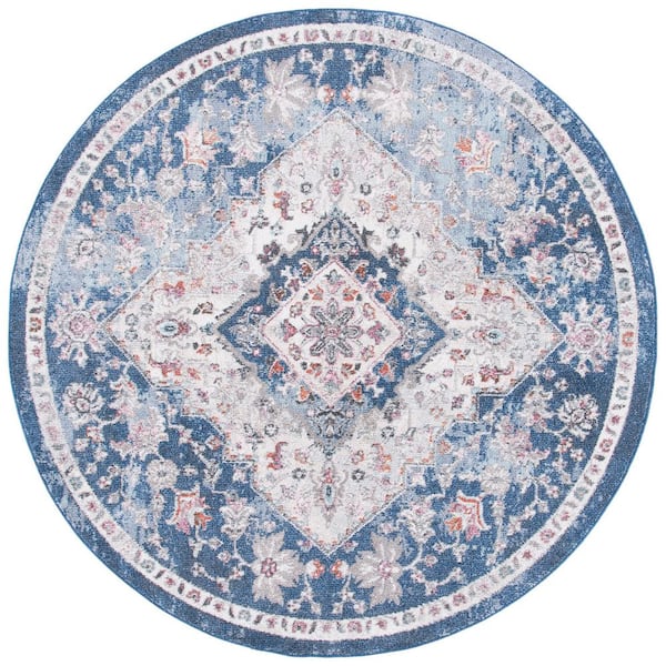 Phoenix 7 ft. x 7 ft. Ivory/Blue Distressed Medallion Floral Round Area Rug